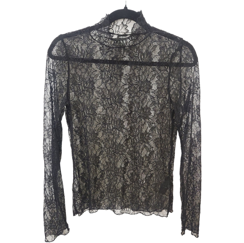 Anthropologie Black Sheer Lace Mock Neck Top – Size Small